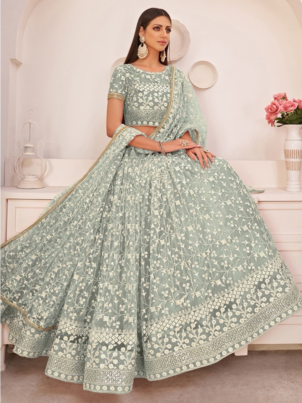 House of Indya Sage Green Embroidered Lehenga Choli Dupatta Set